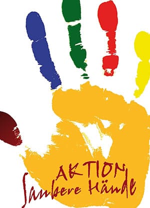Logo AKTION saubere Hände zu sehen bunter Handabdruck