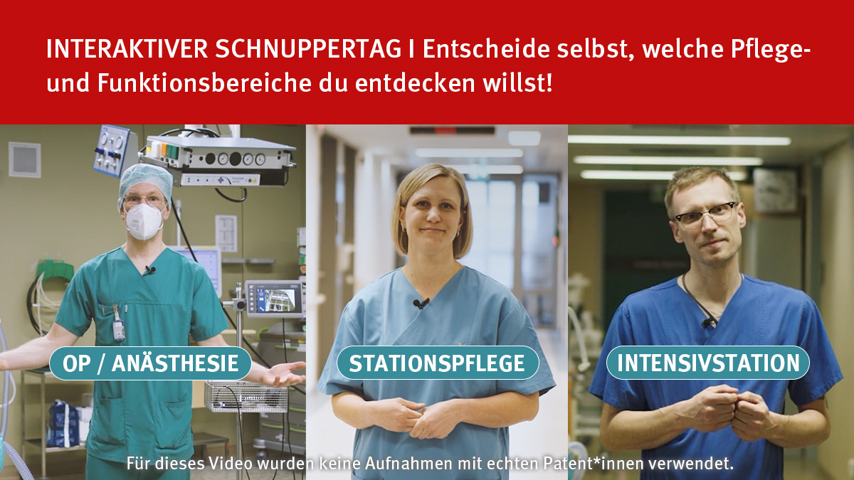 Videobild zum interaktiven Schnuppertag - drei Bereiche über Buttons auswählbar: OP und Anästhesie, Stationspflege und Intensivstation
